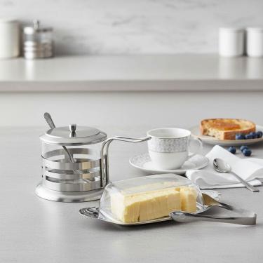 Imagem de Kit Café da Manhã com Açucareiro de Vidro e Colher de Servir + Manteigueira de Inox c/ Tampa e Pegador