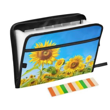 Imagem de Wassud Acordeão de campo de girassol organizador de arquivos de papel A4 pastas de arquivo de papel fólio com etiquetas pasta de arquivo expansível 13 bolsos