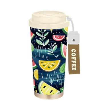 Imagem de YETTASBIN Caneca de café Watermelom com isolamento térmico de 482 g com tampa canudo, copo à prova de derramamento e vazamento com alça para bebida quente e fria, garrafa de água de aço inoxidável