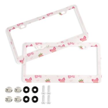 Imagem de Wassud Lindos arcos de morango, moldura decorativa de alumínio para placa de carro, 2 unidades, suporte universal para placa de carro para carros padrão dos EUA