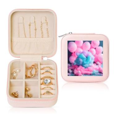 Imagem de Caixa de joias quadrada com estampa de algodão doce rosa estojo de armazenamento portátil para anéis femininos, brincos, colares