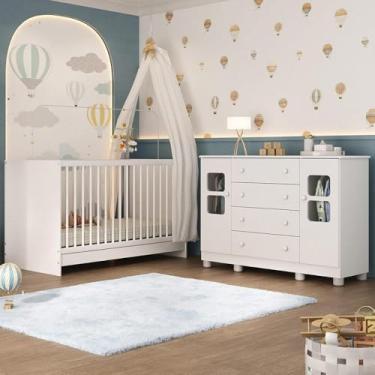 Imagem de Berço 3 em 1 para Colchão 130x60cm com Cômoda 2 Portas 4 Gavetas Sol Multimóveis Mp4748 Branco
