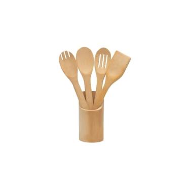 Imagem de Kit 5 Peças Utensílios de Cozinha, Bambu, com Cepo Organizador, Colher, Espátula, Garfo, 275g