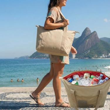 Imagem de Bolsa Praia Térmica Cooler Espumante Grande Cerveja Camping Impermeável Viagem (Bege)