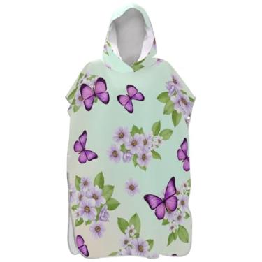 Imagem de Joisal Roupão de mudança de poncho de surfe para adultos toalhas de banho de praia com capuz ponchos adultos de secagem rápida para mulheres roxo borboleta flor verde