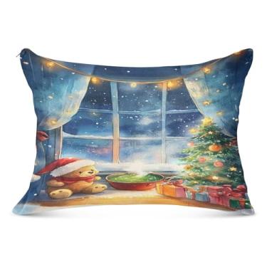 Imagem de Capas de almofada queen com árvore de Natal de ursinho de pelúcia 50,8 x 101,6 cm, capa de travesseiro com zíper para outono e inverno