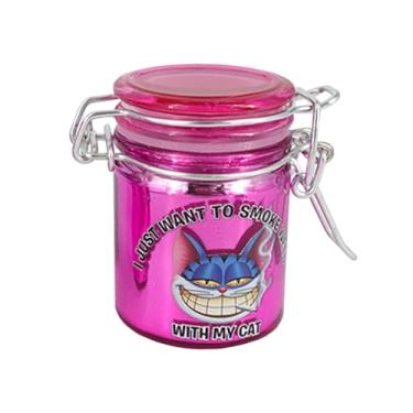 Imagem de Ted Miller Innovation - Frasco de armazenamento de vidro de 6,35 cm: With My Cat (pote rosa metálico com gato azul)