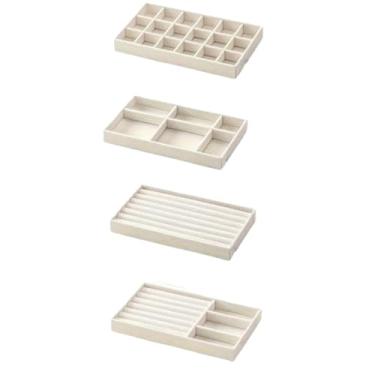 Imagem de Conjunto organizador de joias de veludo bege de 4 peças - grade 18, 6 grades, bandeja longa e caixas de armazenamento de 3 grades