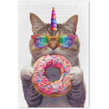 Imagem de Quebra-cabeça engraçado de gato com chifre de unicórnio arco-íris e colorido adulto 500 peças pintura animal arte difícil quebra-cabeças elefante branco, 51 x 35 centímetros