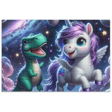 Imagem de Quebra-cabeça de unicórnio fofo dinossauro no espaço 500 peças presentes de elefante branco engraçado grande quebra-cabeça flor arte