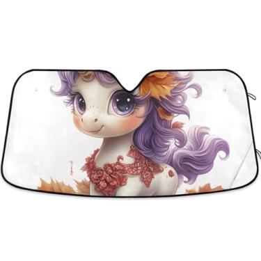 Imagem de Protetor solar com folhas de outono de unicórnio fofo para para-brisa de carro universal retrátil animal protetor solar protetor solar M, 139,7 cm x 70,1 cm