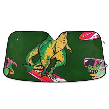 Imagem de Cool T Rex Para-sol verde dinossauro personalizado para para-brisa de carro protetor solar retrátil dobrável para para-brisa dianteiro de carro impressões de animais P, 134,6 cm x 59,7 cm