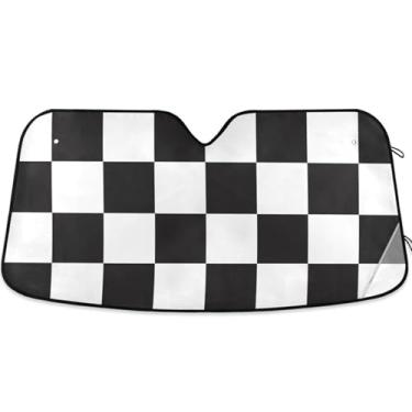 Imagem de Guarda-sol xadrez preto e branco personalizado para para-brisas de carro bonito impressão dobrável capa de para-brisa automotiva protetor solar M, 139.7 cm x 70.1 cm