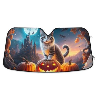 Imagem de Guarda-sol personalizado gato abóbora castelo lua carro para para-brisa dobrável universal caminhão auto carro sombra para para-brisa dianteiro S, 134.6 cm x 59.7 cm