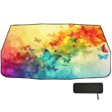 Imagem de Guarda-sol com borboletas coloridas arco-íris para-brisa de carro proteção de isolamento térmico para SUV guarda-chuva automático de carro de 147 x 75 cm