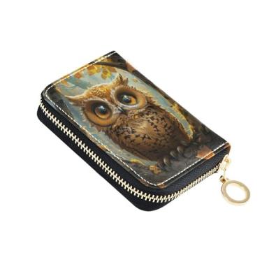 Imagem de Carteira pequena feminina com bloqueio de RFID, carteira de cartão de crédito de couro fofo com zíper e porta-cartões de desenho animado coruja floral