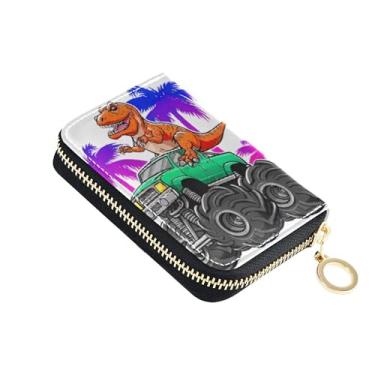 Imagem de Carteira feminina pequena de desenho animado dinossauro colorido com bloqueio de RFID, carteira de cartão de crédito com zíper e chaveiro