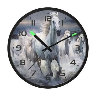 Imagem de SEHANY Relógio de parede artístico majestoso cavalos silencioso, sem tique-taque, relógio redondo operado por bateria, controle de som, luz noturna, relógios de parede para sala de estar, cozinha
