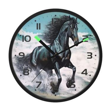 Imagem de SEHANY Relógio de parede artístico majestoso cavalos silencioso, sem tique-taque, relógio redondo operado por bateria, controle de som, luz noturna, relógios de parede para sala de estar, cozinha