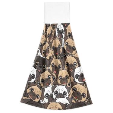 Imagem de Joisal Toalhas de mão marrons fofas de cachorro pug com laços para pendurar, toalhas de chá de forno, conjunto de 2 toalhas altamente absorventes para cozinha, banheiro, 46 x 35 cm