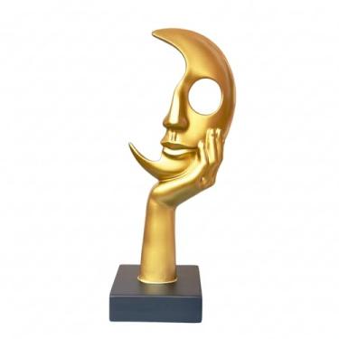 Imagem de Lodkksg Escultura abstrata moderna de rosto de lua com mão, acabamento dourado metálico, estátua independente de metal, 25 cm
