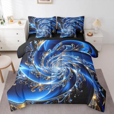 Imagem de Erosebridal Conjunto de edredom para adultos com vórtice dourado azul e mármore, tamanho queen, 7 peças, geométrico, geométrico, geométrico