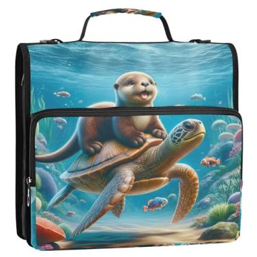 Imagem de Fichários coloridos de 3 anéis, anel D de 3,8 cm, animal marinho, lontra, tartaruga, organizador com zíper, vários bolsos, pastas grandes para portfólio com alça, bolsa escolar
