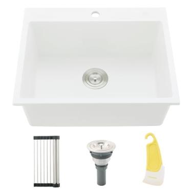 Imagem de BoomHoze Pia de cozinha com 24 quedas, tigela única de 61 x 48 cm, granito branco, composto de quartzo, montagem superior, pia de cozinha externa, lavatório de trailer com rodo de borracha pequeno