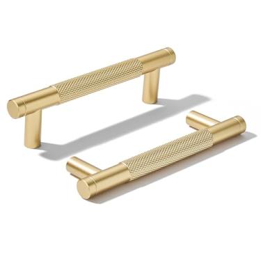 Imagem de khtumeware Pacote com 10 puxadores de alumínio de 89 mm (3-1/2 pol.) Puxadores de armário dourados serrilhados puxadores de gaveta de utensílios de cozinha puxadores de cozinha para armários puxadores