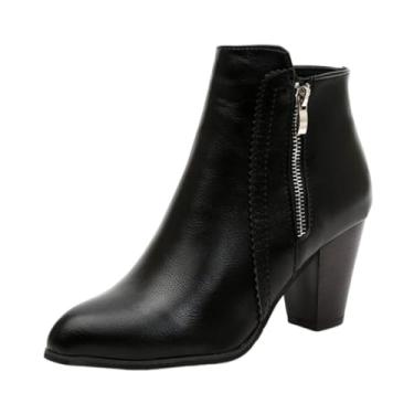 Imagem de Botas femininas modernas, casuais, cor lisa, cor lisa, salto grosso, salto alto, zíper lateral, Preto, 36