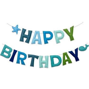 Imagem de Homeral Banner de feliz aniversário 3D pré-amarrado azul com estrela do mar e baleias, guirlanda reutilizável de feltro feliz, decorações de festa arco-íris, placa de aniversário personalizada para