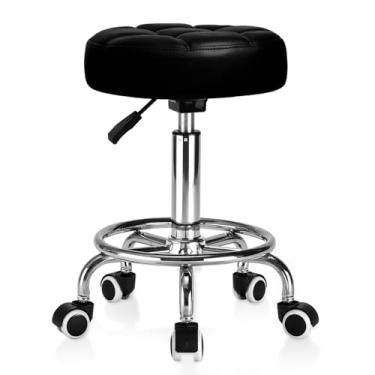 Imagem de Banqueta redonda de couro PU – Banco acolchoado ultramacio com rodas com apoio para os pés, capacidade de peso de 136 kg, banco de altura ajustável para salão de massagem de tatuagem, centro de spa