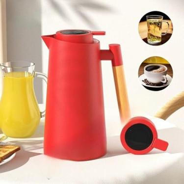 Imagem de Garrafa Térmica de água, 1 Litro Garrafa Térmica Com Termômetro Led Para Chás/Café Design Moderno Cabo Em Madeira(Vermelho(Des))