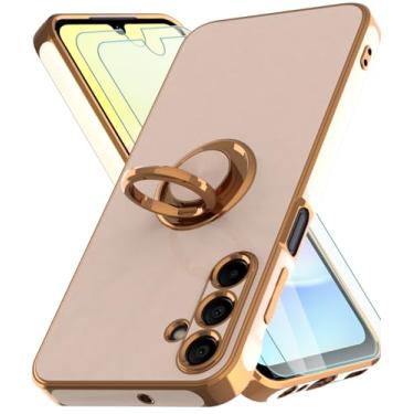 Imagem de Migeko Capa Para Samsung Galaxy A16-5G Com 2 Protetores De Tela Vidro + Suporte Anel Magnético, Tpu Macio E Durável, Revestimento Em Ouro Rosa, Feminina, Luxuosa, Android A16, Rosa