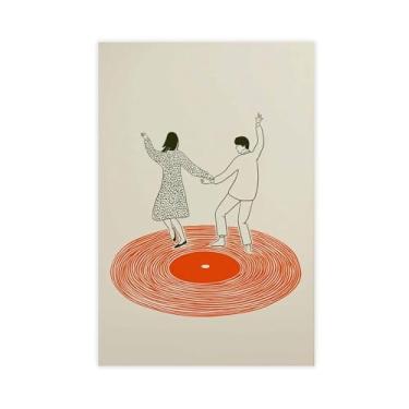 Imagem de Impressão de arte de parede de casal dançante, poste em tela de toca-discos retrô, ilustração inspirada em música moderna para bar ou sala de estar 30,5 x 45,7 cm sem moldura