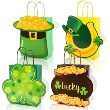 Imagem de JarThenaAMCS 24 peças de sacos de papel de presente de Dia de São Patrício com alças trevo chapéu de trevo da sorte ouro ferradura saco de guloseimas doces para festas de férias irlandesas, 21 x 8 x
