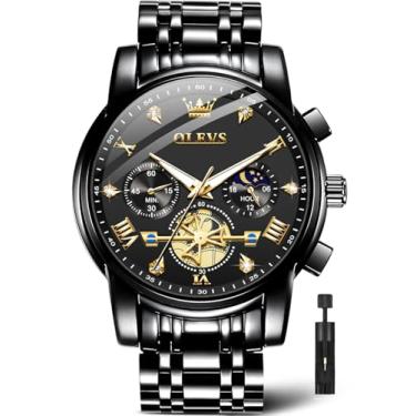 Imagem de OLEVS Relógios masculinos prateados, relógio cronógrafo masculino de aço inoxidável, analógico, quartzo, rosto grande, relógios masculinos luxuosos, à prova d'água, numerais romanos, vestido de