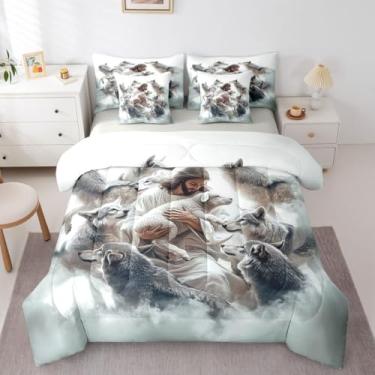 Imagem de Conjunto de cama King King com Deus e Cordeiro, Salvando a Ovelha Perdida, 7 peças, versículo bíblico, arte espiritual, decoração para meninos e meninas, branco e cinza (2 fronhas + 2 fronhas + 2