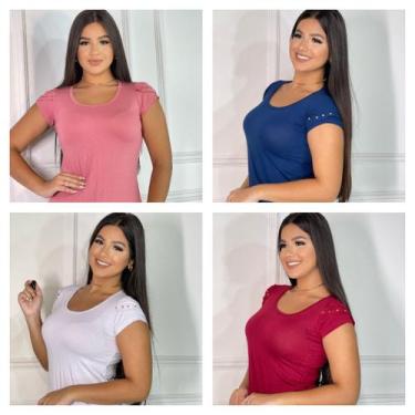 Imagem de kit 4 Blusas feminina básica t-shirt detalhe na manga - GK Toda Bela, 