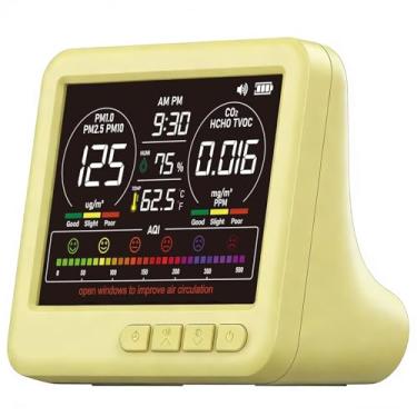 Imagem de Monitor profissional de qualidade do ar interno com 7 alarmes de bipe AQI, detector portátil 16 em 1 em tempo real para PM2.5 | PM10 | CO2 | TVOC | HCHO | Temp | Zumbido para carros domésticos plantas
