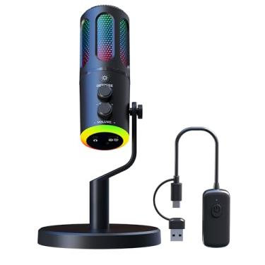 Imagem de NPTCL Microfone USB sem fio para iPhone, PC, laptop – Microfone de estúdio de mesa com controle de volume, luzes RGB, cancelamento de ruído, monitoramento em tempo real, jogos, podcast, streaming