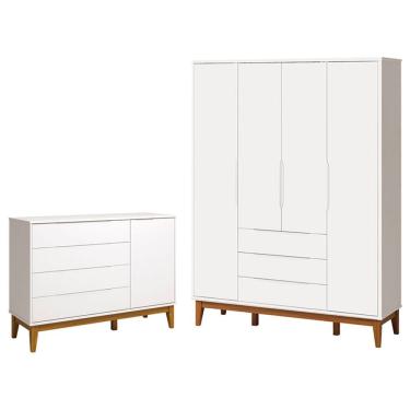 Imagem de Cômoda Com Porta E Guarda Roupa Infantil Classic Elfe Branco Acetinado Amadeirado - Reller