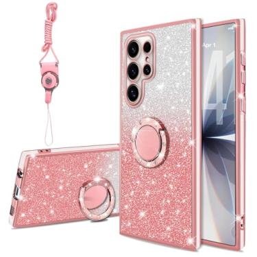 Imagem de KuDiNi Capa para Samsung Galaxy S24 Ultra, Brilhante, Brilhante, Fina, Transparente, TPU, Brilhante, Brilhante, Feminina, Capa de Proteção à Prova de Choque com Suporte de Anel e Alça para S24 Ultra