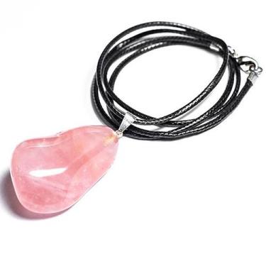 Imagem de Colar Pedra Quartzo Rosa Extra Cordão Encerado 50cm Prateado - Cristai