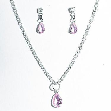 Imagem de Conjunto Colar e Brinco Gota Zircônia Quartzo Rosa Prata 925 - Cristai
