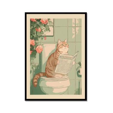 Imagem de Tela de arte de parede de banheiro japonês com gatos lidos jornal pôster de flores abstratas impressões de animais engraçados pintura zen minimalista decoração de banheiro spa para casa de banho