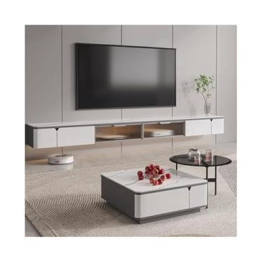 Imagem de Gabinete de TV flutuante montado na parede, console de mídia de TV, centro de entretenimento montado na parede, suporte de TV flutuante branco moderno com 2 armários de porta flip de vidro (240 x 35 x