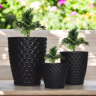 Imagem de Jogo 3 Vasos Luxo Diamante N°1,2,3 Polietileno Leves Planta Flor Jardim Moderno (Preto)