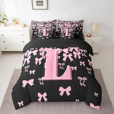 Imagem de jejeloiu Conjunto de edredom completo com laço fofo com laço para crianças, meninos, meninas, letra G, 7 peças, preto, rosa, coquete com laço em uma bolsa, monograma, decoração de quarto de microfibra