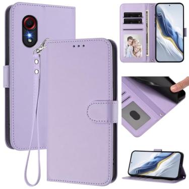 Imagem de Capa carteira para Samsung Galaxy XCover5, capa fina de couro com compartimentos para cartões, alça de pulso e suporte, capa protetora à prova de choque para homens e mulheres (roxo claro)